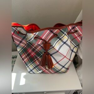 NWT Dooney & Bourke Red and Brown Plaid Drawstring Bag